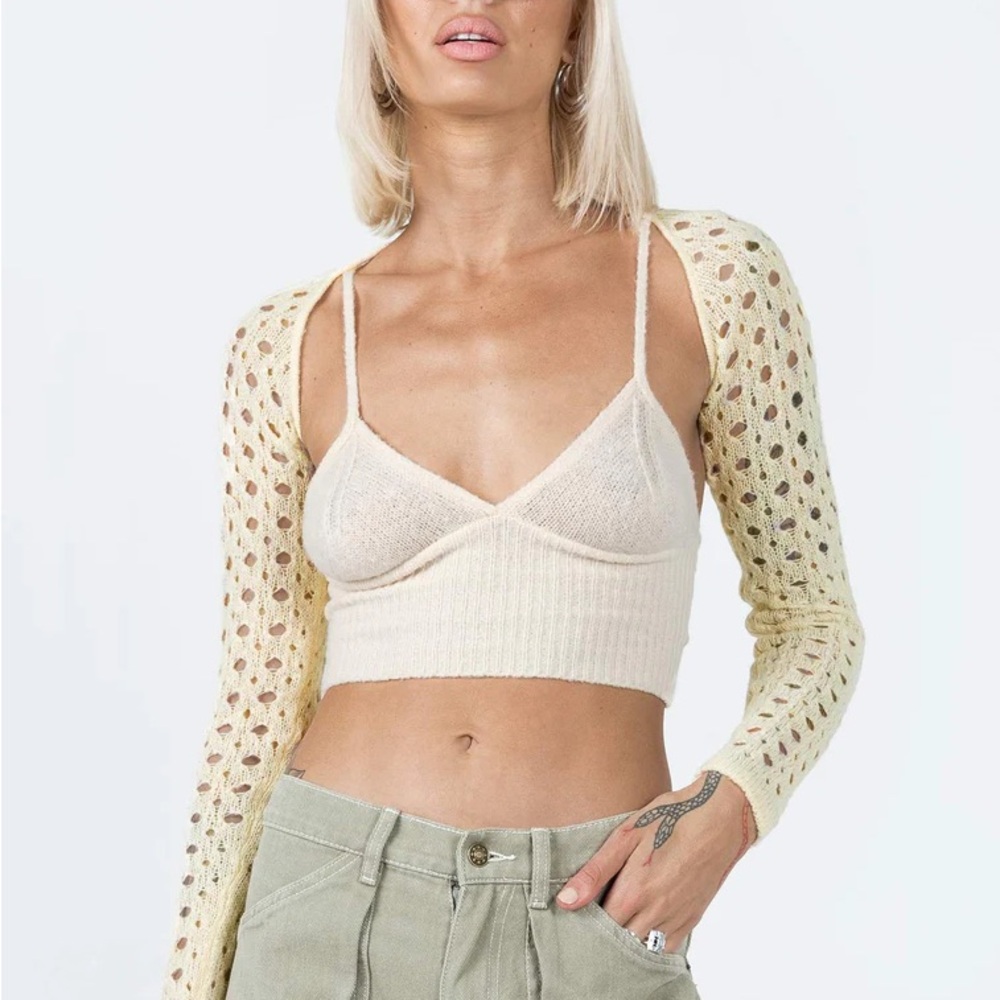 Princess Polly Cream Knit Crop Top with Crochet Sleeves